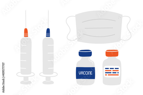 Vaccination vector icons. Bottles of vaccine, medical syringes and face mask.