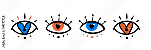 Set, collection of colorful decorative eyes with heart symbol. Loving eyes, mystical eyes concept.