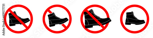Ban boots icons. Hiking boots prohibition sign. Set of STOP signs. Vector illustration.