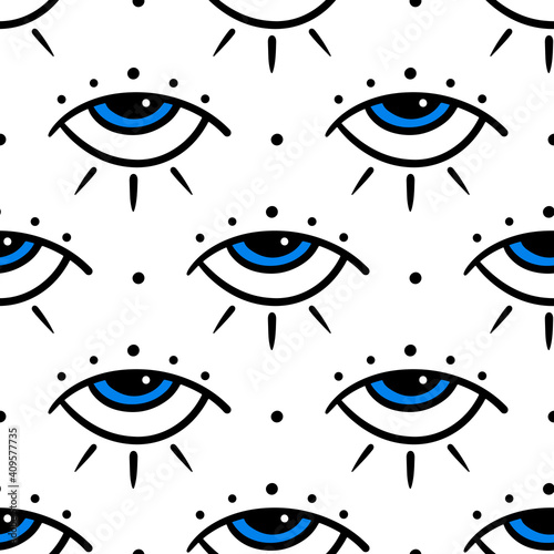 Vector seamless pattern background with decorative blue eye symbols and dots. Mystical, magical eyes concept.