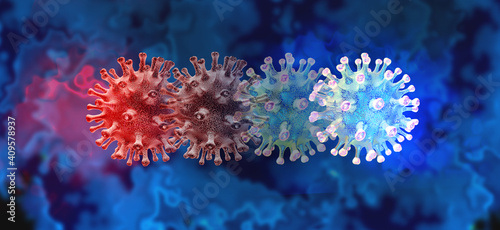 Mutating virus concept and new coronavirus b.1.1.7 variant outbreak or covid-19 viral cell mutation and influenza background as dangerous flu strain medical health risk with disease cells  photo