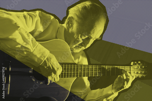 Cool fashion elderly man strum an acoustic guitar. Rock, classic, jazz concert collage poster. Contemporary art concept in pop art style. Template for design of music theme. Old school musicant. photo