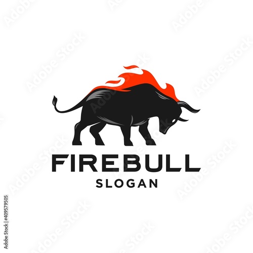fire bull logo, raging buffalo icon design silhouette Illustration with red flame. Angry  strong bull design.