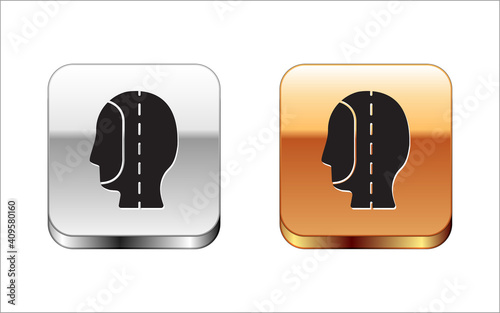 Black Diving hood icon isolated on white background. Spearfishing hat winter swim hood. Diving underwater equipment. Silver-gold square button. Vector.