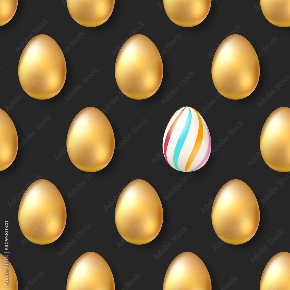 Symbol of unique. Easter pattern with golden eggs and single hand-painting egg. Seamless pattern. Vector 3d illustration Symbol of unique. Easter pattern with golden eggs and single hand-painting egg. Seamless pattern. Vector 3d illustration