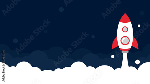 Rocket ship launch into night sky presentation template background. Startup business concept. Flat design vector illustration.