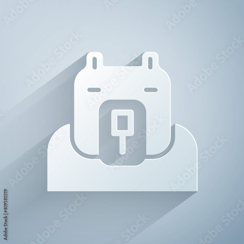 Paper cut Polar bear head icon isolated on grey background. Paper art style. Vector.