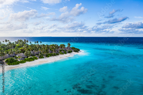 Sea beach aerial. Luxury summer travel vacation landscape. Tropical beach  drone view. Beach villas bungalows of hotel resort. Perfect beach scene vacation  summer holiday template. Wonderful nature