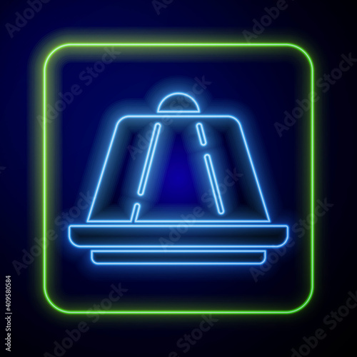 Glowing neon Pudding custard with caramel glaze icon isolated on blue background. Vector.