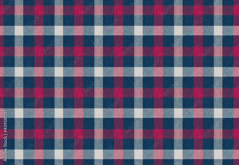 the texture of the cotton fabric with a checkered pattern in blue and red with a white stripe, clothing details, background design the texture of the cotton fabric with a checkered pattern in blue and red with a white stripe, clothing details, background design