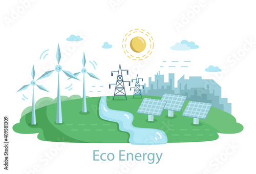 Renewable Power Sources with Windmills.. Alternative Clean Energy Concept with Wind Turbines and Solar Panels. Vector flat illustration