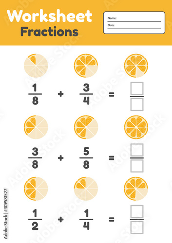 Woorsheet fractions for kids. Addition. Math for prechool and school children. Orange.