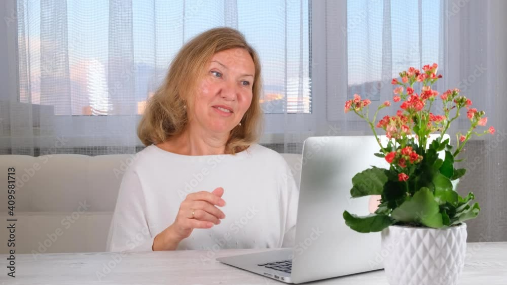 smiling elegant woman with a video call on a laptop. Communication concept. smiling elegant woman with a video call on a laptop. Communication concept.