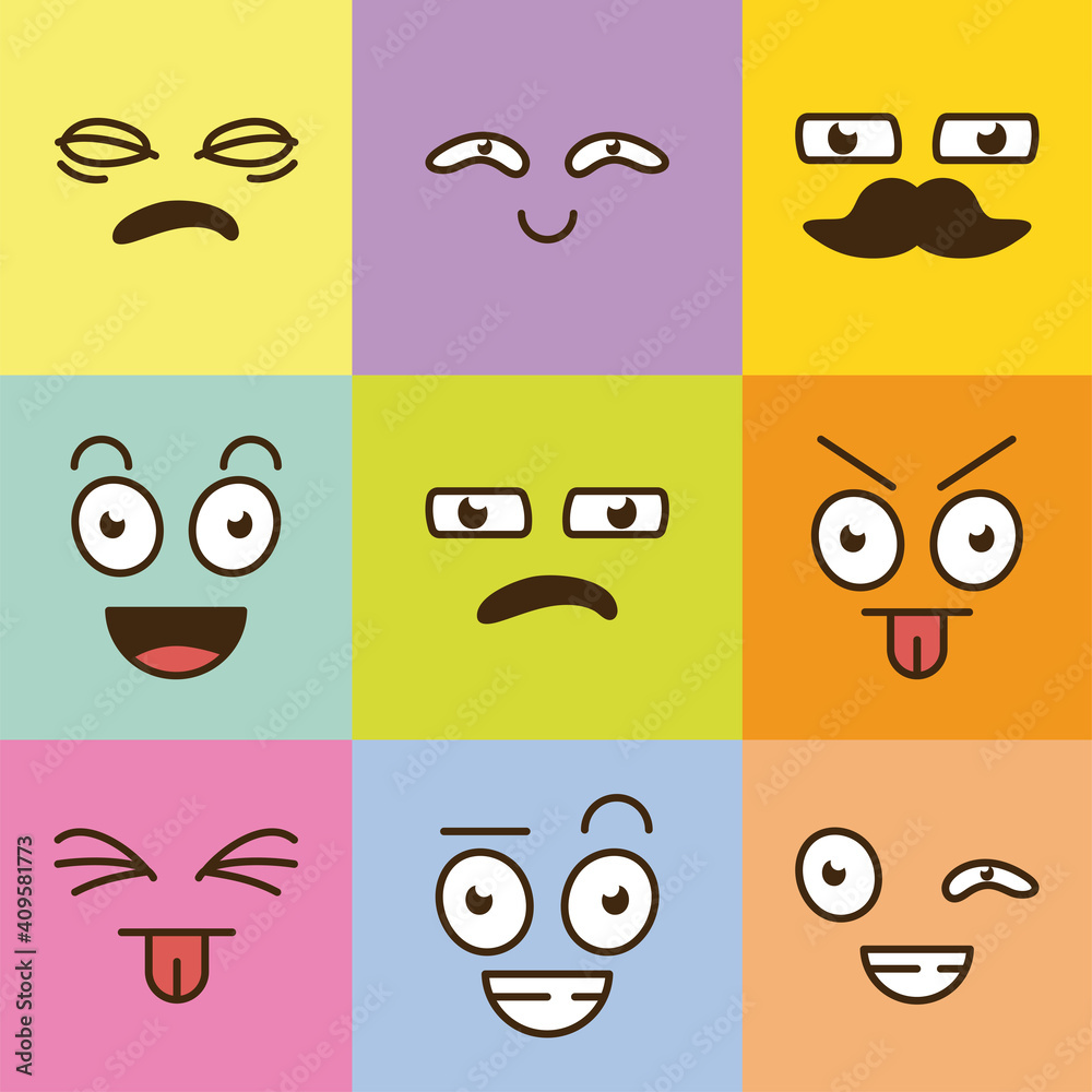 bundle of nine cartoon faces emoticons in set colors background bundle of nine cartoon faces emoticons in set colors background