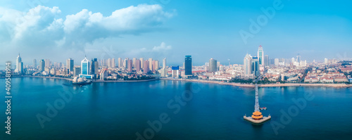 Aerial photography of the old city and coastline architecture in western Qingdao