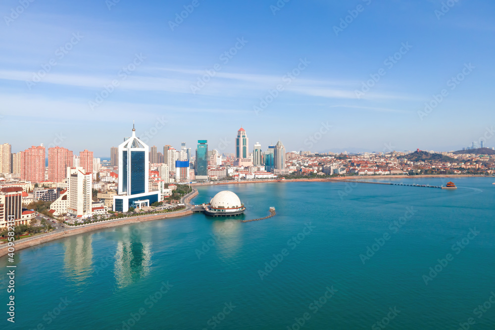 Aerial photography Qingdao Bay city architecture landscape skyline panorama