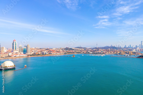 Aerial photography Qingdao Bay city architecture landscape skyline panorama