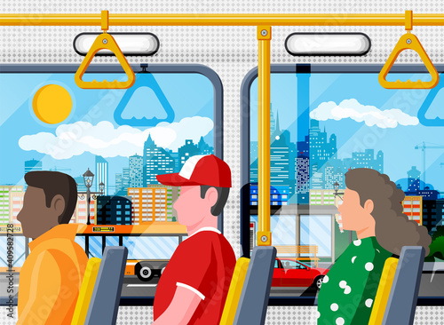 Interior of bus salon. Public city transport. Empty lounge inside modern bus. Seats, windows and handrail. Handles for safety transportations of passengers. Cartoon flat vector illustration