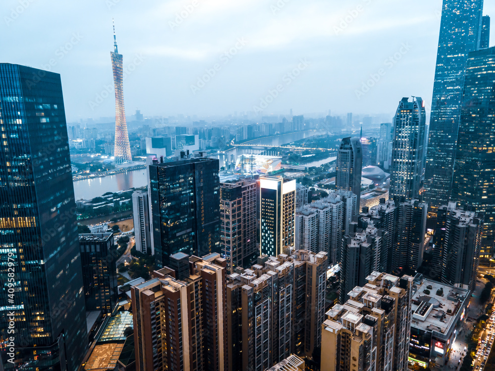 Obraz premium Aerial photography Guangzhou CBD architectural landscape skyline twilight