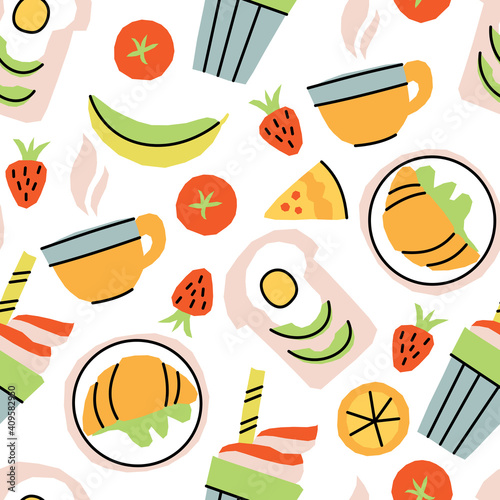 Vector seamless pattern with breakfast items Hot tea and toast with avocado and egg, fruits and a piece of pie, ice coffee and croissant