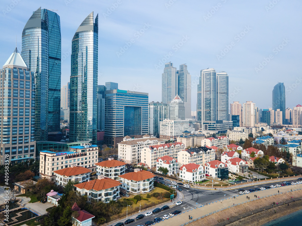 Aerial photography of skyscrapers in downtown Qingdao