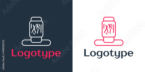 Logotype line Cat scratching post with toy icon isolated on white background. Logo design template element. Vector.