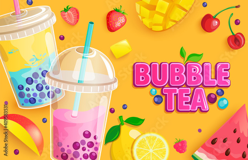 Bubble tea banner. Bubbletea with fruits and berries.Milkshake smoothie with mango  blueberries  tapioca  cherry and watermelon  place for text and brand.Great for flyers  posters  cards. Vector.