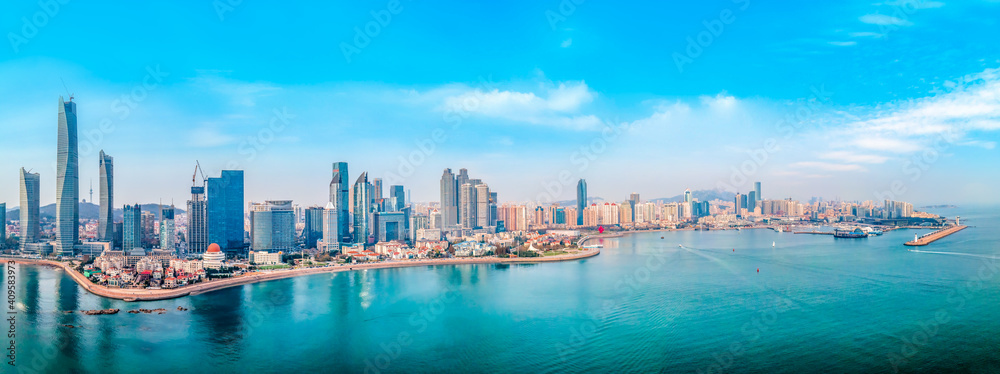 A panoramic aerial view of the architectural landscape and skyline of Qingdao Fushan Bay