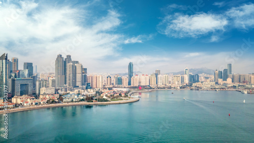 A panoramic aerial view of the architectural landscape and skyline of Qingdao Fushan Bay © 昊 周
