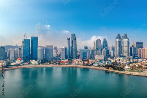 A panoramic aerial view of the architectural landscape and skyline of Qingdao Fushan Bay © 昊 周