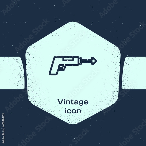 Grunge line Fishing harpoon icon isolated on blue background. Fishery manufacturers for catching fish under water. Diving underwater equipment. Monochrome vintage drawing. Vector.