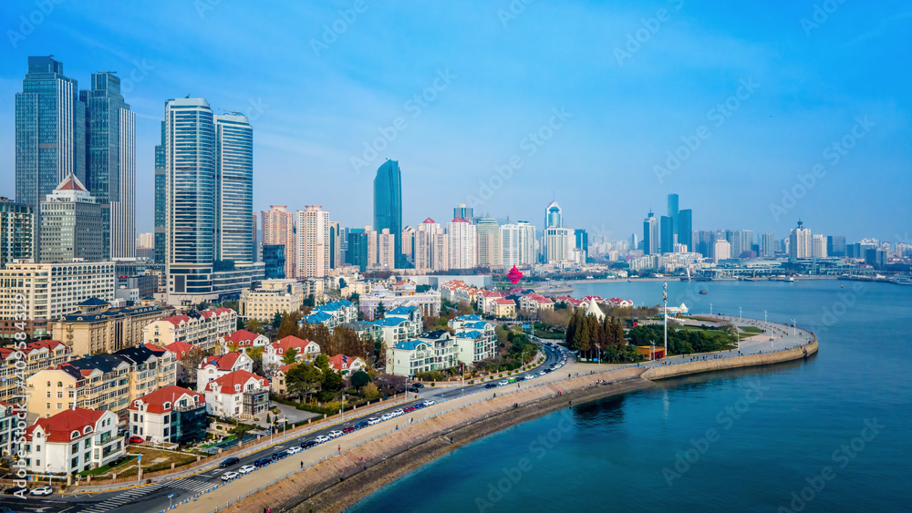 A panoramic aerial view of the architectural landscape and skyline of Qingdao Fushan Bay A panoramic aerial view of the architectural landscape and skyline of Qingdao Fushan Bay