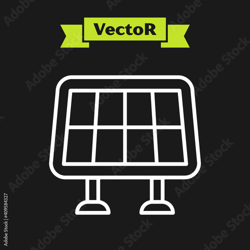 White line Solar energy panel icon isolated on black background. Vector.