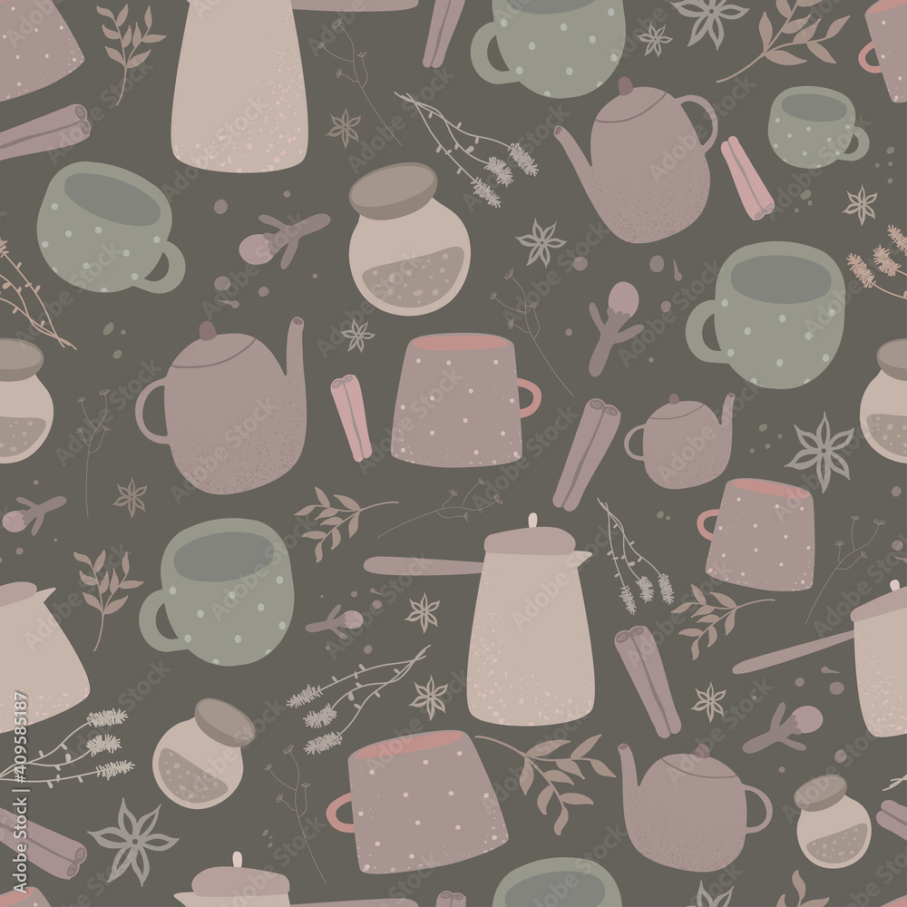 Coffee and tea seamless pattern of coffee cups, teapot, cup of tea, coffee pot, makers for cafeteria design. Vector background of teapot, cup of tea, coffee pot, cinnamon, cloves, coriander