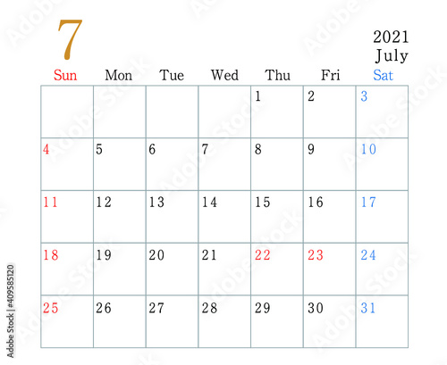 2021年 シンプルカレンダー7月