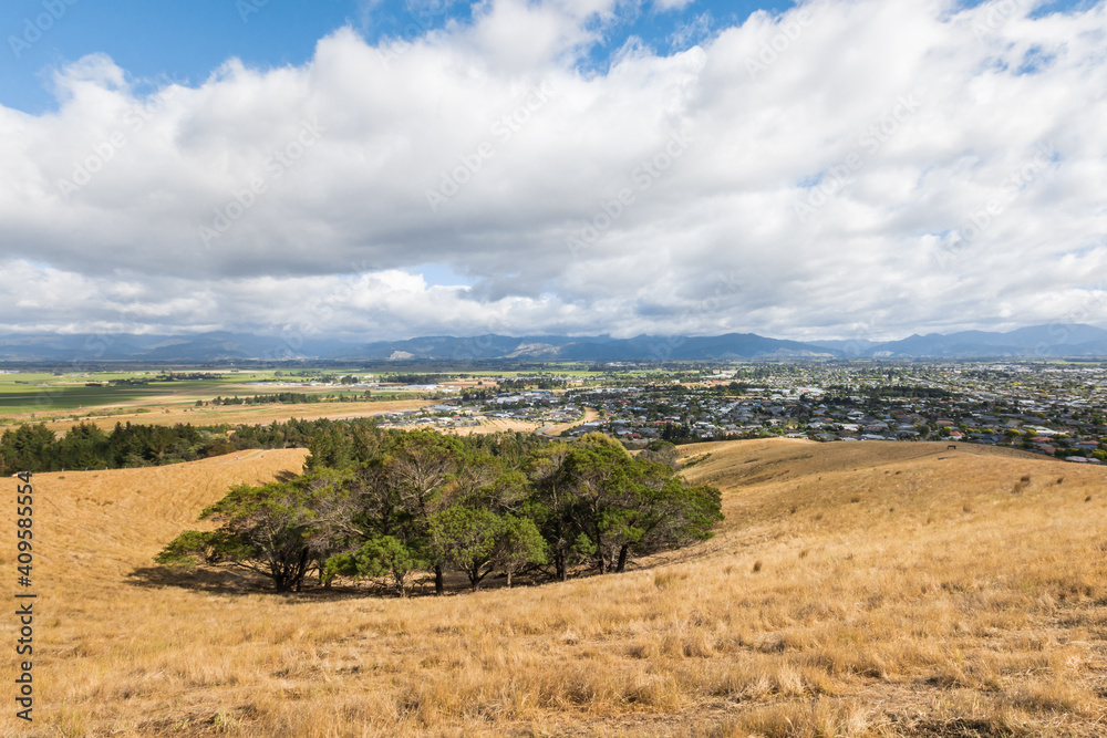 Wither Hills with dry grass above Blenheim town in Marlborough region, South Island, New Zealand