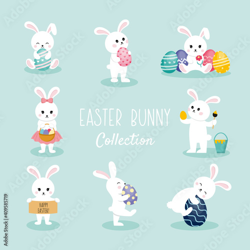 Easter Bunny collection. Vector set with cute bunnies and Easter eggs. Illustration for the Easter holiday. Elements for the design of postcards, posters, and stickers