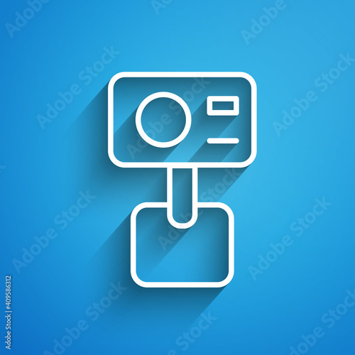 White line Action extreme camera icon isolated on blue background. Video camera equipment for filming extreme sports. Long shadow. Vector.