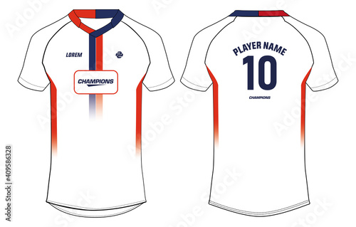 Sports jersey t shirt design concept vector template, Football jersey concept with front and back view for football, Cricket, soccer, Volleyball, Rugby, tennis and badminton uniform