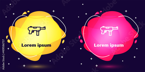 Set line Submachine gun M3, Grease gun icon isolated on blue background. Abstract banner with liquid shapes. Vector.