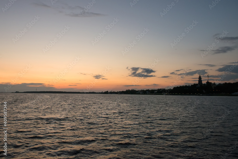 Summer evening at sunset on the Volga river