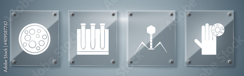 Set Hand with virus, Bacteria bacteriophage, Blood test and virus and Virus. Square glass panels. Vector.
