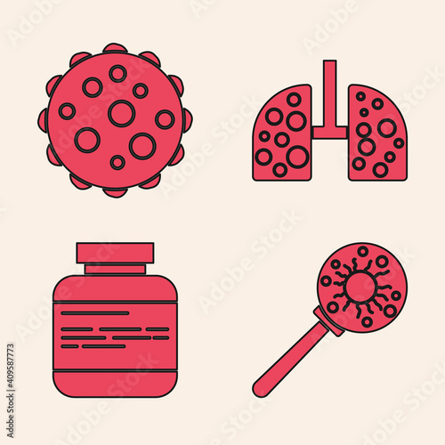 Set Virus under magnifying glass, Virus, Virus cells in lung and Medicine bottle and pills icon. Vector.