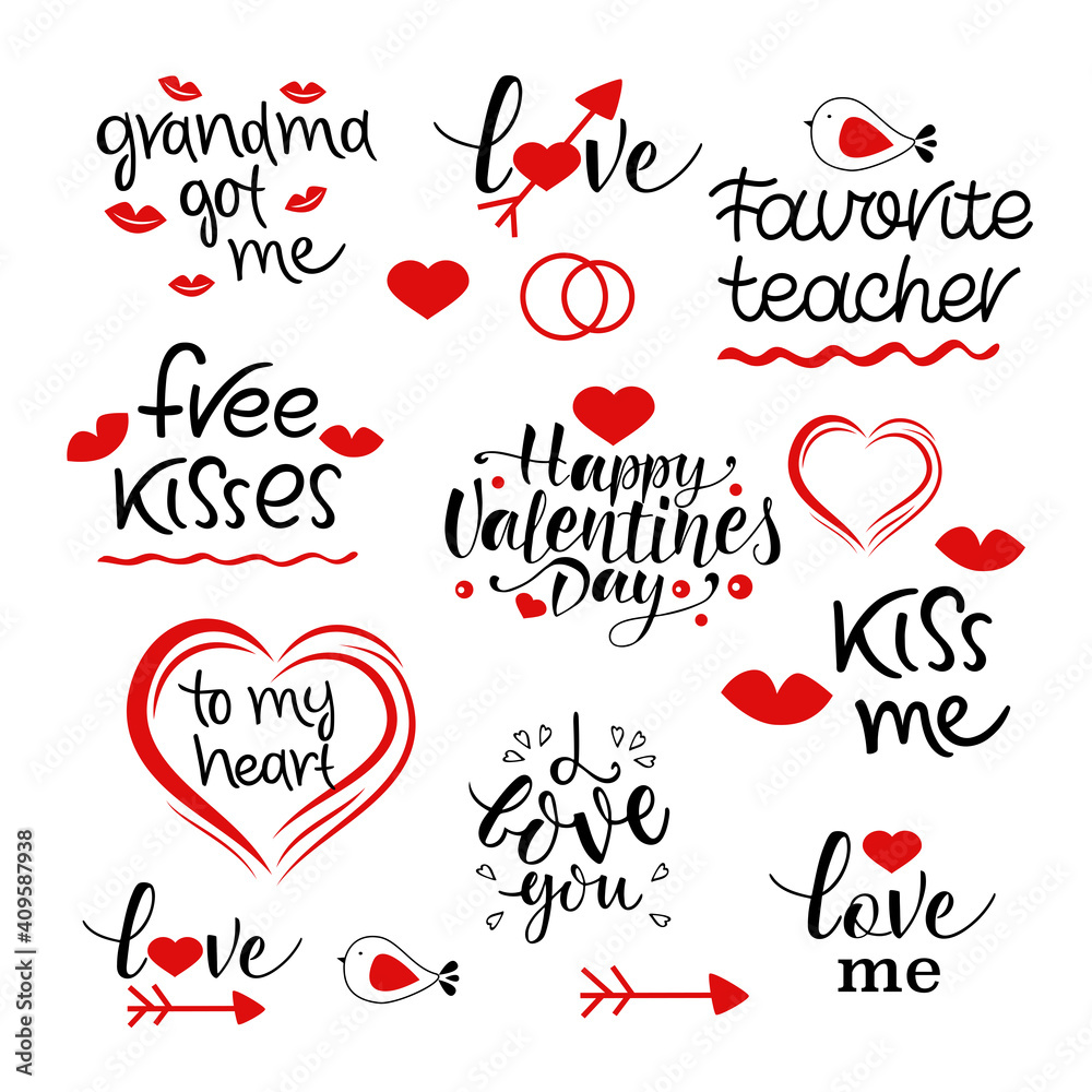 Valentine's day hand drawn calligraphy and illustration vector set. Valentine phrases vector collection. Vector.