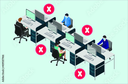 Wearing Mask at Office. Social distancing at office workstation. Employees are maintain distance during work at workstation. Safety awareness of covid-19 virus. 