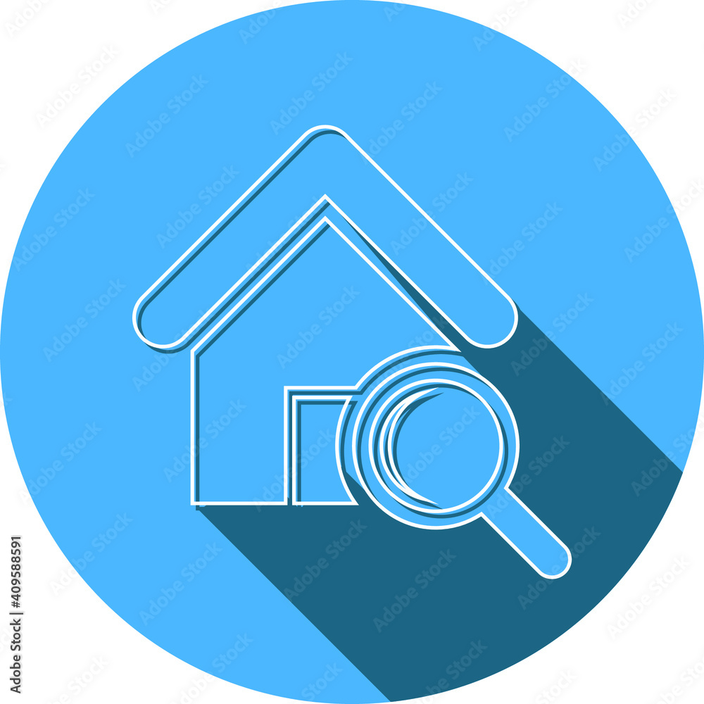 Find Home Icon. Search home, real estate, magnifying, house search, land property icon.