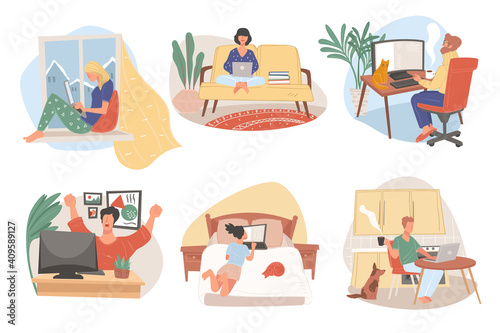 People working on laptops from home with pets