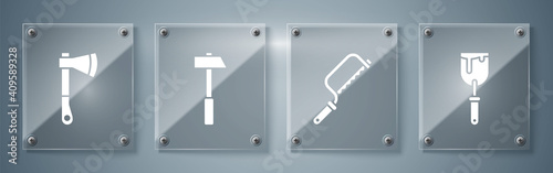 Set Putty knife, Hacksaw, Hammer and Wooden axe. Square glass panels. Vector.