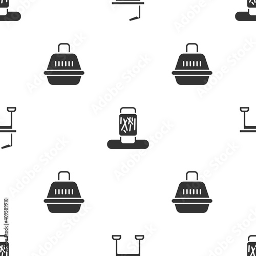 Set Pet grooming table, Cat scratching post and carry case on seamless pattern. Vector.