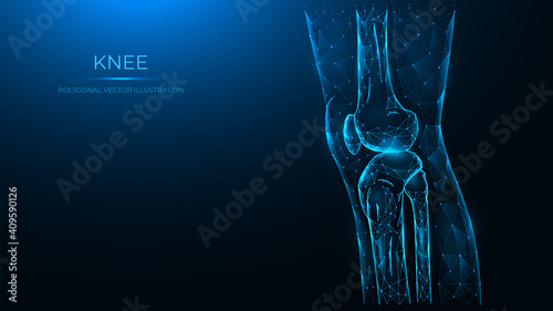 Polygonal vector illustration of the knee joint side view. Thigh and knee made of lines and dots isolated on a dark blue background.